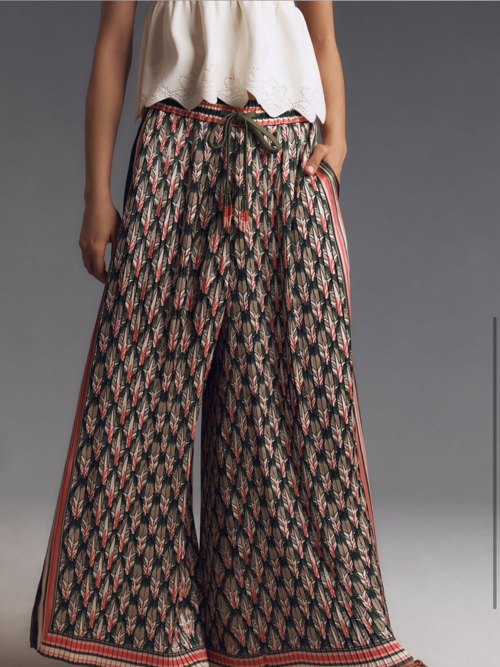 FARM Rio Olive Green and Coral Wide-Leg Printed Palazzo Pants - Picture 3 of 4